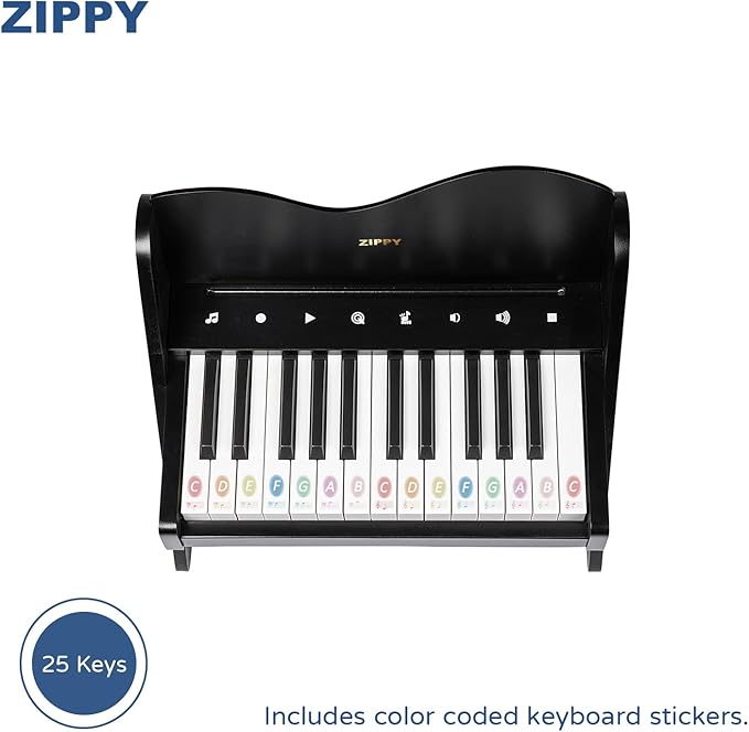 ZIPPY Kids Piano Keyboard, 25 Keys Digital Piano for Kids, Touch Sensitive Control Panel, Volume Adjustable, Mini Music Educational Instrument Toy, Wood Toy for Toddlers Girls Boys (Black)