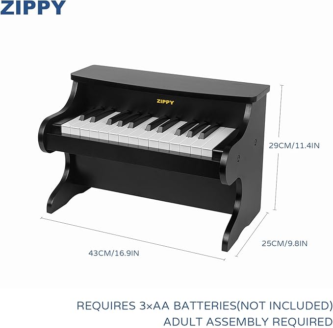 ZIPPY Kids Piano Keyboard, 25 Keys Digital Piano for Kids, Mini Music Educational Instrument Toy, Wood Toy for Toddlers Girls Boys (Black)