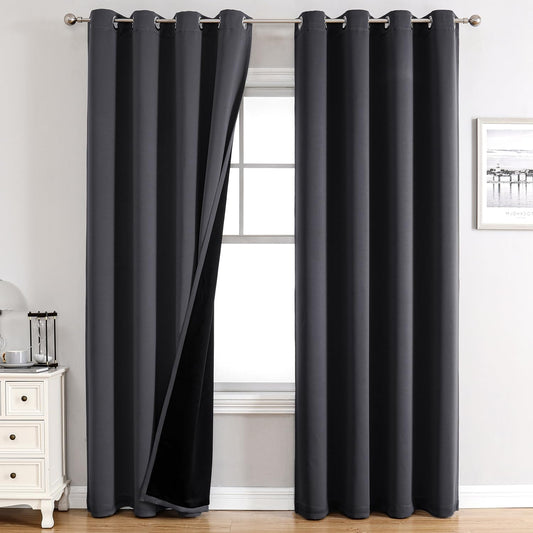 ChrisDowa 100% Blackout Curtains 108 inch Long for Bedroom with Black Liner, 2 Thick Layers Total Blackout Thermal Insulated Grommet Window Curtains 2 Panels Set (Dark Grey, 52 x 108 Inch)