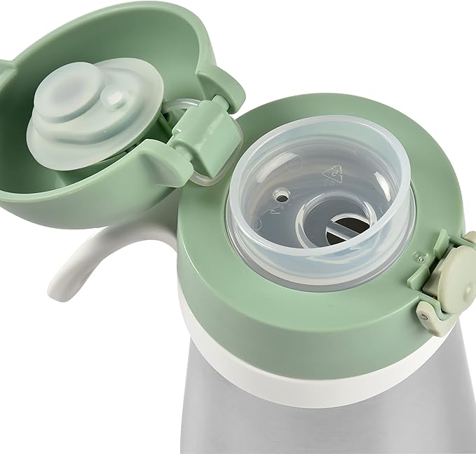 BEABA Kids Stainless Steel Insulated Water Bottle, Kids Water Bottle, Toddler Thermos with Spill Proof Spout and Close Top, Perfect for Travel, (Sage)