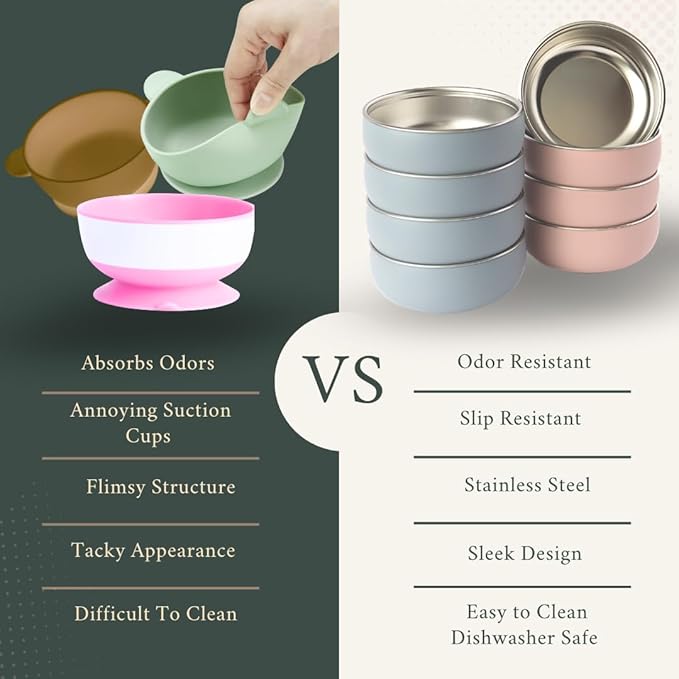 Monkey Proof™ Non-Toxic Stainless Steel Child Bowl 5” with Non-Slip Silicone Shell, (Set of 4 bowls) Unbreakable, Mess Free Feeding for Babies, Toddlers, Kids, BPA free (Garden Party)