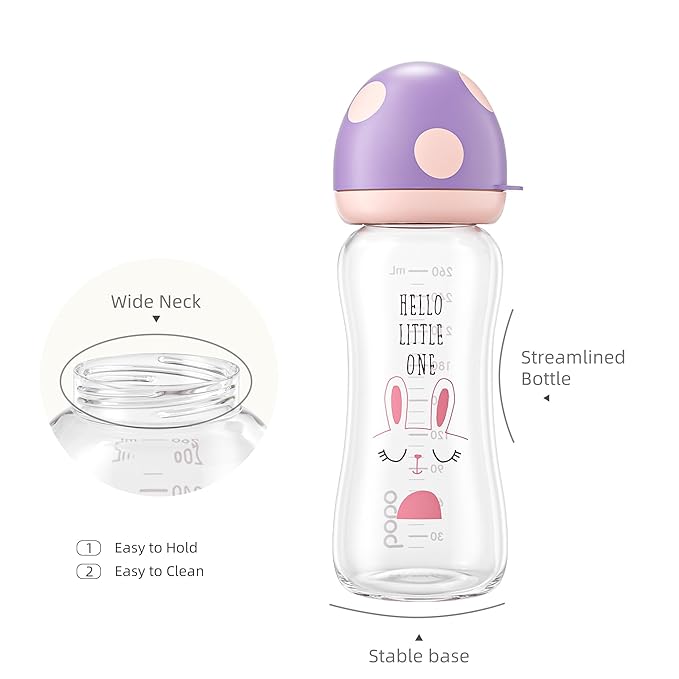 YOHKOH Natural Glass Baby Bottle with Natural Response Nipple, Newborn Anti-Colic Baby Bottles, Wide Neck Mushroom Cap Baby Bottle, Clear ((8.8oz (Pack of 4), Purple-A)