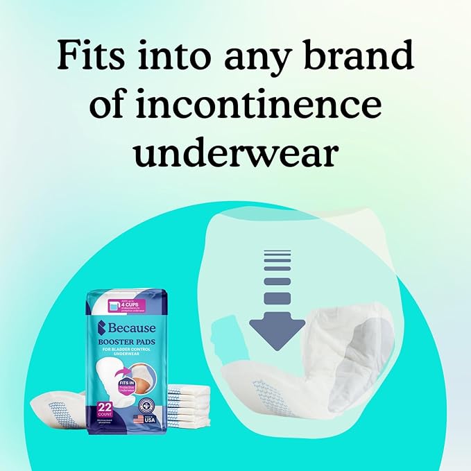 Because Overnight Booster Pads Fit All Adult Diapers, Helps Keep Your Adult Diaper Active All Night, Adds 4 Cups to Incontinence Underwear, Extra Absorbency, 22 Count (Packaging May Vary)