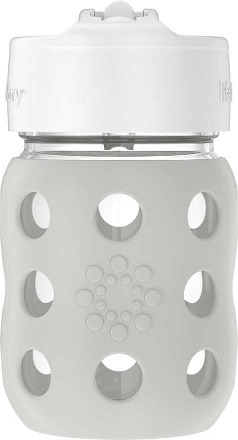 Lifefactory 8-Ounce Wide Neck Glass Baby Bottle with Protective Silicone Sleeve and Pivot Straw Cap, Stone Gray (LG2241WCG4)