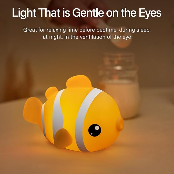 Cute Clownfish Night Light - Silicone Pat Pat Lamp with 3-Level Brightness Adjustment, Timer Function, Rechargeable Touch Control Nursery Nightlight for Baby Bedroom Decor