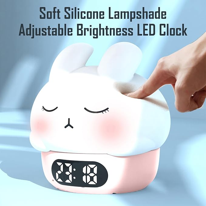 Cute Bunny RGB Rechargeable Night Light, Soft Silicone Lampshade, Adjustable Brightness LED Clock, Date, Alarm, Thermometer, Timer, Tap Control, Bedroom Lamp, Gift for Girl and Kid (Pink Bunny)