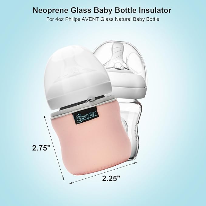 Beautyflier 4oz Glass Baby Bottle Sleeve Covers - Reusable Insulator for Heat/Cold Retention, Moisture Neoprene Holder for Philips 4 oz Avent Glass Natural Bottles (Pink+Green)