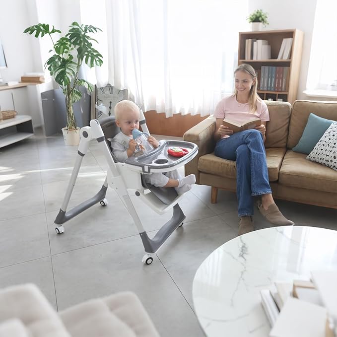 3-in-1 Foldable High Chair for Babies & Toddlers – Adjustable Height, Reclining Seat, 5-Point Safety Harness, Removable Tray, Lockable Wheels, Washable Cushion – Portable & Easy Clean, Grey