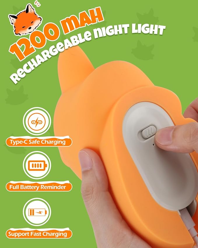 Cute Fox Night Light, Animal Lamp, Food Grade Silicone, Rechargeable, 2 Level Dimmable, Squishy Nursery Nightlight for Desk Decor, Funny Gifts Stuff for Boys Girls Baby, White Elephant Gifts