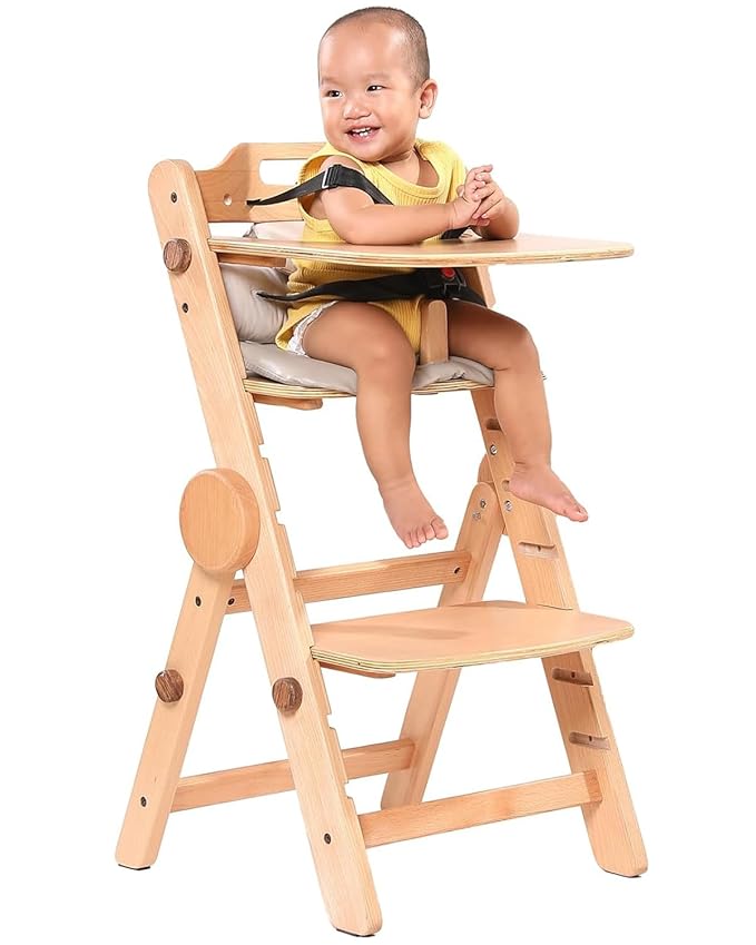 Toddler High Chair Wooden, Baby Highchair with Adjustable Tray and Foot Rest, Folding Wood High Chair for Dining, 6 Months up to 300 Lb