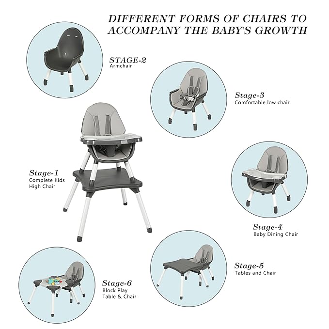 Baby Highchair,6 in 1 High Chairs for Babies and Toddler Baby Feeding Chair Coverts to HighChair for Babies, Kids Learning Table,Building Block Table,Kids Stool Removable Tray & Safety Harness(Gray)