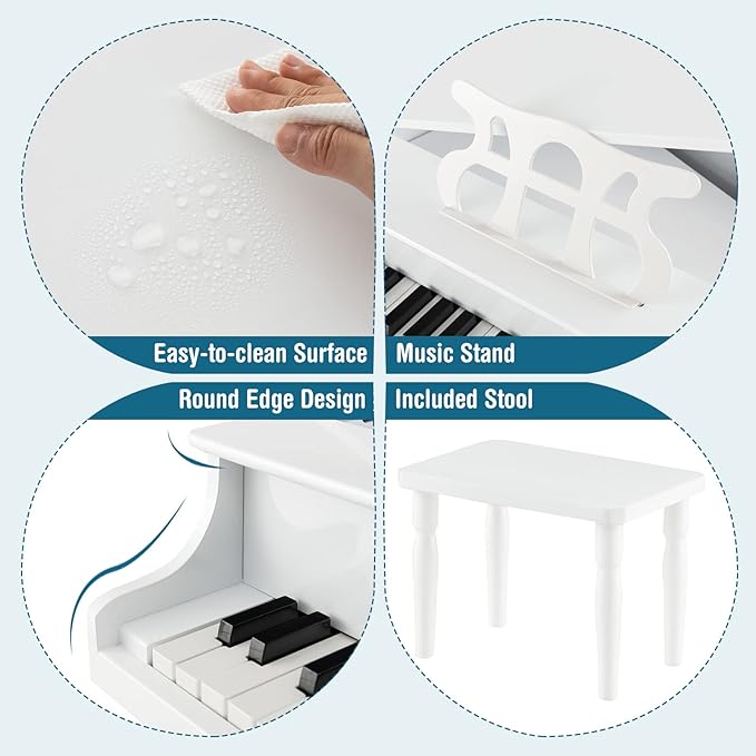 HONEY JOY Classical Kids Piano, 30-Key Mini Grand Piano with Music Stand and Bench, Wooden Musical Instrument Toy w/Lid & Music Rack, Gift for Boys Girls Ages 3+ (4 Straight Leg-White)