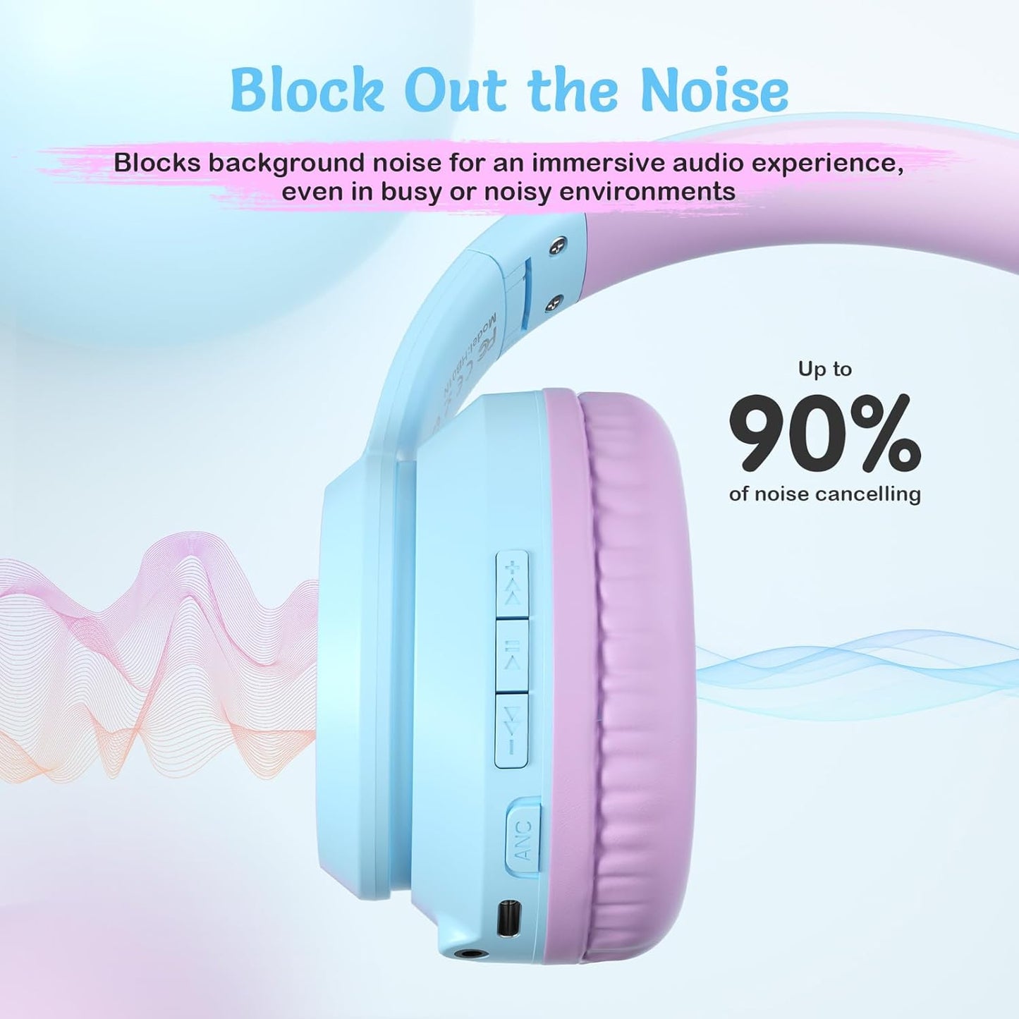 Active Noise Cancelling Headphones for Kids, 60H Playtime,Purple Wireless Bluetooth Over-Ear Headset Built-in Microphone for Home/School/Travel/Party - Includes Portable Case