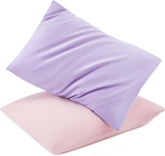 TILLYOU Toddler Pillowcase 2 Pack with Envelope Closure,13" x 18" Silky Soft Microfiber Travel Kids Pillowcase for Boys and Girls,Light Purple & Light Pink