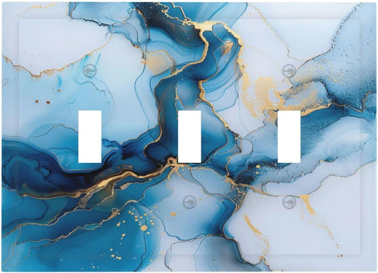 Decorative Switch Covers Plate Modern Abstract Blue Gold Line Marble 3 Gang Artistic Wall Plate Unique Triple Toggle Light Switch Plate Jumbo Faceplate for Kitchen Bedroom Home Decor
