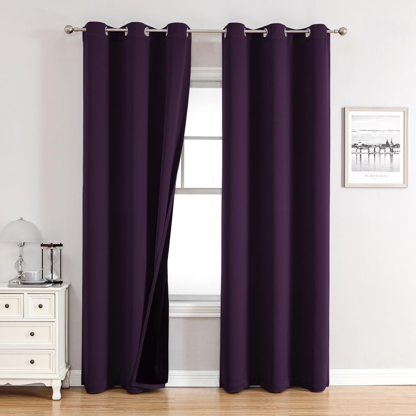 ChrisDowa 100% Blackout Curtains for Bedroom with Black Liner, 2 Thick Layers Total Blackout Thermal Insulated Grommet Window Curtains 2 Panels Set (Royal Purple, 42 x 84 Inch)
