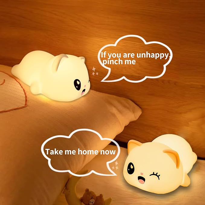 Colorful Life Cat Night Light for Kids, Silicone Tap Control LED Bedside Lamp, Soft Touch Sensor Kitty Light for Baby Girls Boys, USB Rechargeable Nightlight(Light up When patted)