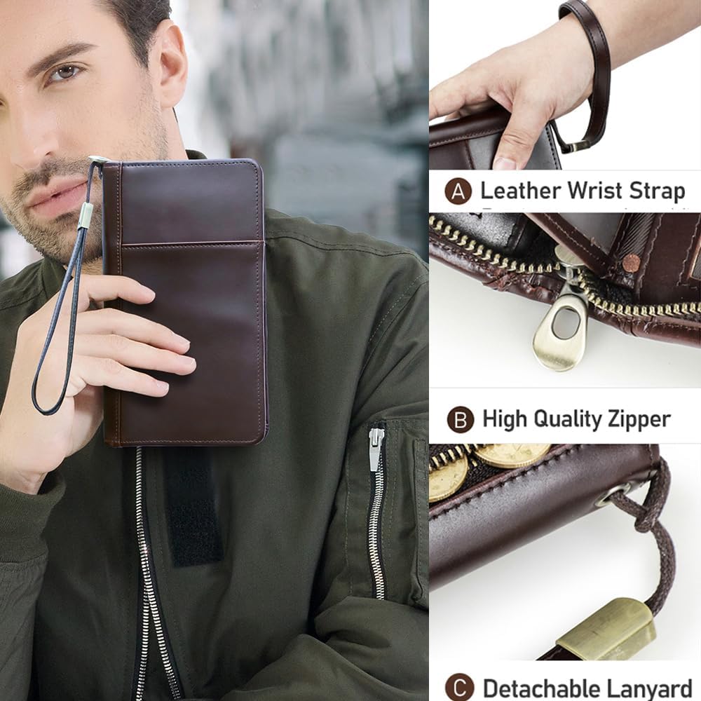 CONTACTS Travel Passport Wallet for Men Leather Family Passport Holder Travel Clutch Wallet Zipper Wrist Card Purse RFID Blocking with 13 Card Slot Fit up 4 Passports