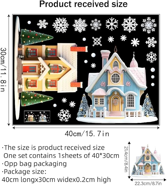 Fun Christmas Window Decor Set - Small House ＆ Snowflake Pattern Design Sided Printed Electrostatic Stickers - Removable, Safe for Home, Office, School Indoor Outside Use Shop Window Decoration