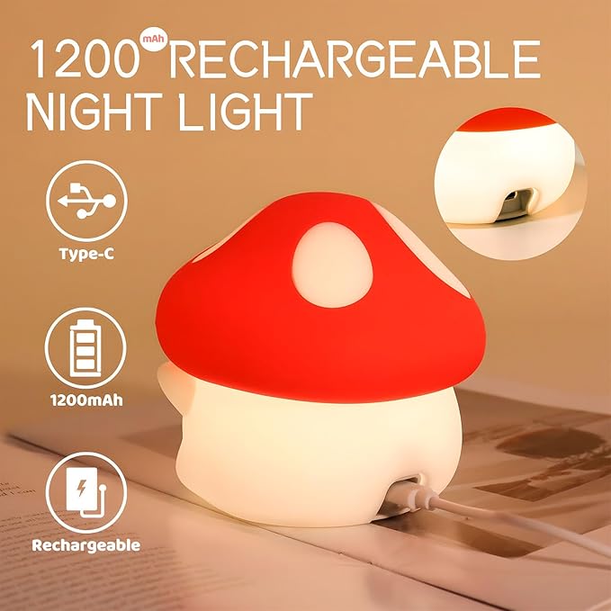 Mushroom Silicone Night Light for Kids - Color Changing Lamp with Soft Touch, USB Rechargeable, Long Battery Life & Touch Control - Cute Decorative LED Mushroom Light