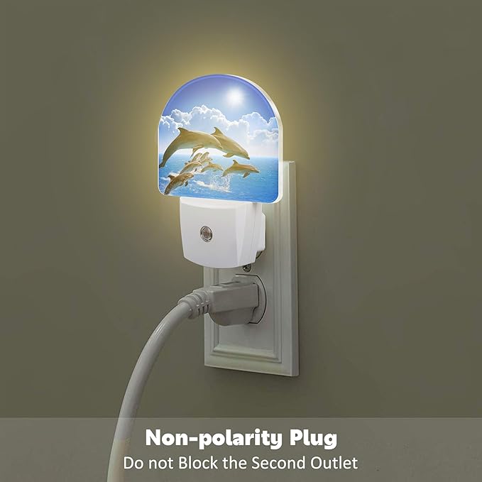 Jumping Dolphins Night Light Plug into Wall, Blue Sea and Bright Sky Dusk to Dawn Night Light Plug in,0.5w Energy Saving Sleep Friendly NightLight for Kids Boys Girls Home Decor