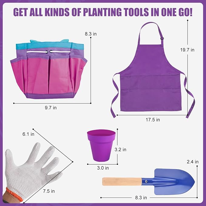 15 PCS Kids Gardening Tool Set for Girls Boys, Toddler Gardening Tools Set with Wheelbarrow, Flower Pot, Storage Bag, Rake, Fork, Shovel, Apron, Outdoor Garden Tool Play Set for Kids