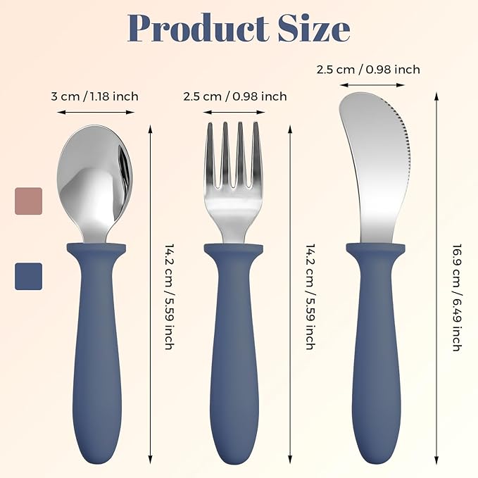 Pimoys 6 Pieces Toddler Utensils Forks,Spoons and Knives,Kids Silverware Set with Plastic Handle Stainless Steel Toddler Silverware,Dishwasher Safe
