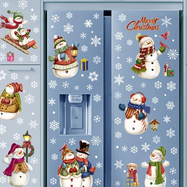 195 Pcs Christmas Window Clings Xmas Snowman Snowflake Window Decoration Large-Size Double-Side | Reusable Snowflake Window Stickers for Xmas Decorations Party Home Decor