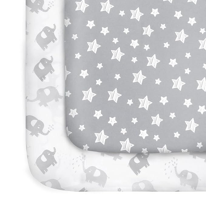 Pack and Play Sheets, 2 Pack Mini Crib Sheets, Stretchy Playard Fitted Sheet, Compatible with Graco Pack n Play, Soft and Breathable Material, Stars & Elephant