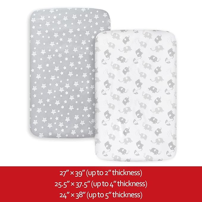 Pack and Play Sheets, 2 Pack Mini Crib Sheets, Stretchy Playard Fitted Sheet, Compatible with Graco Pack n Play, Soft and Breathable Material, Stars & Elephant