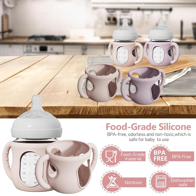 2 Pack Silicone Sleeves for Avent Natural Glass Bottles, Anti Breakage Bottle Holder with Handle, Compatible Philips Avent Glass Natural Bottle 4 oz