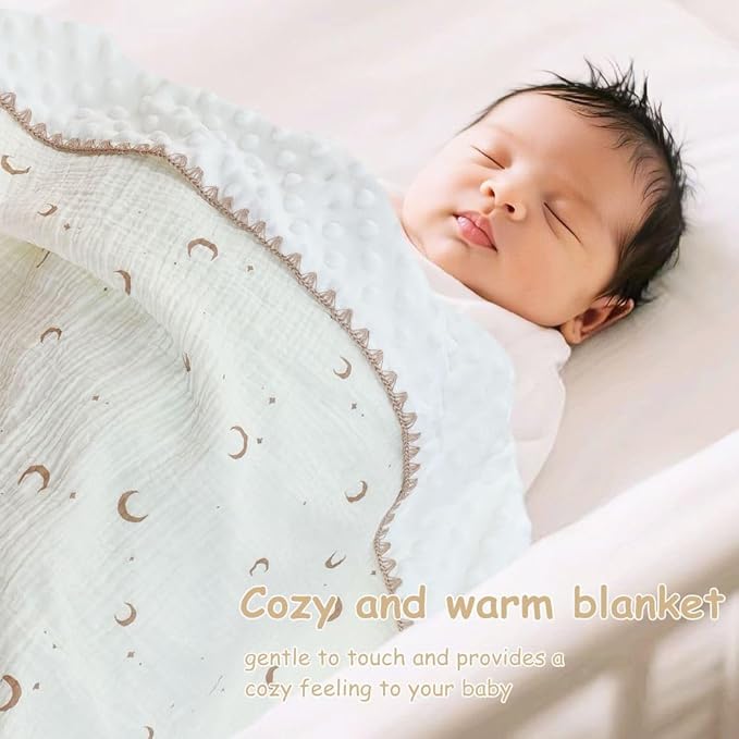 Baby Blanket Cotton Muslin Swaddle Thick Crib Bedding Dotted Backing Double Layer Receiving Blanket 40"x40" (Moon Stars)