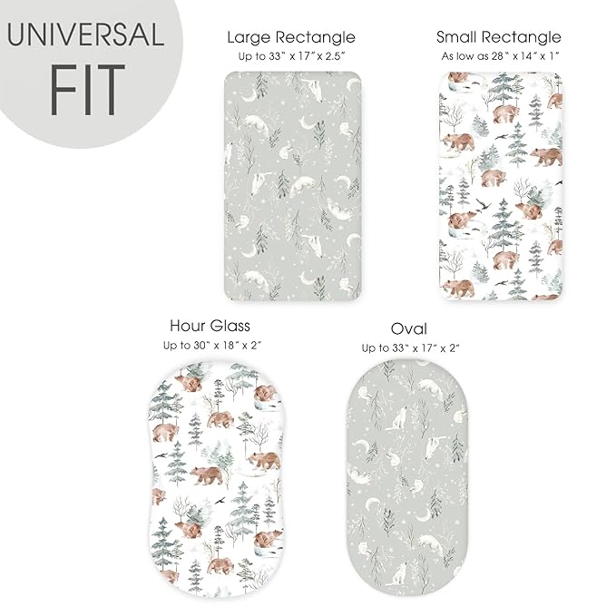 Stretchy Bassinet Mattress Sheets, Ultra Soft Bassinet Sheet 2 Pack, Universal Fitted for Oval Hourglass Rectangular Bassinet Mattress Pad Safe and Snug, Stylish Pattren of Bear and Wolf Print