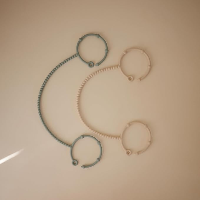 mushie Adjustable Silicone Toy Straps 2-Pack | Baby Accessories Holder for Travel, Stroller, High Chair (Cambridge Blue/Shifting Sand)