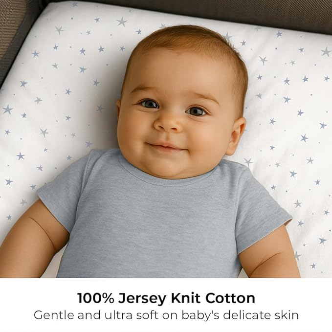 Ely’s & Co. Pack and Play Sheets, for Mini/Portable Crib, 2 Pack Fitted Playpen Play Yard Sheet Set Compatible with Graco Pack n Play, for Baby Boys, 100% Cotton, Blue Stars and Stripes, 38”x24”x5”