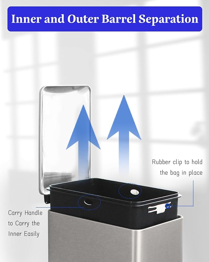 12 Gallon Slim Kitchen Trash Can, Stainless Steel Trash Can with Removal Inner Bucket and Soft-Close Lid, Pedal Garbage Can 45 Liter, Kohler Grey