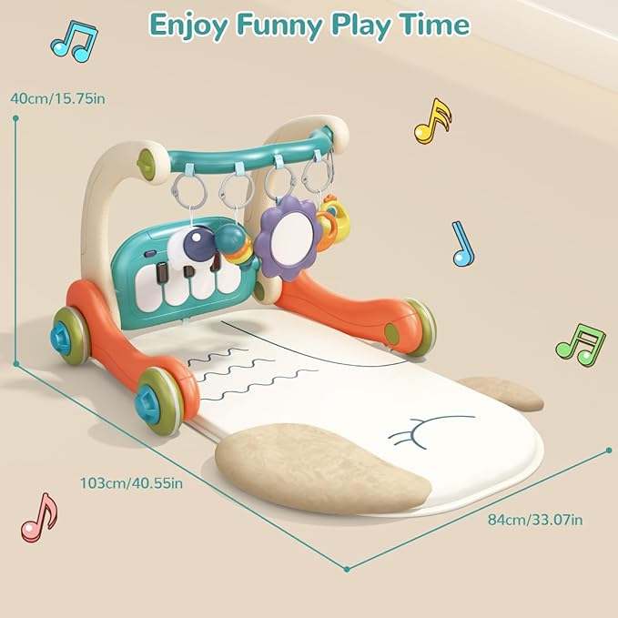 3 in 1 Baby Play Mat Gym, Kick and Play Piano Gym with Music Light, Activity Tummy Time Play mat with 5 Learning Sensory Toys, Infant Gifts for Newborn Baby Toddler 0-14 Months