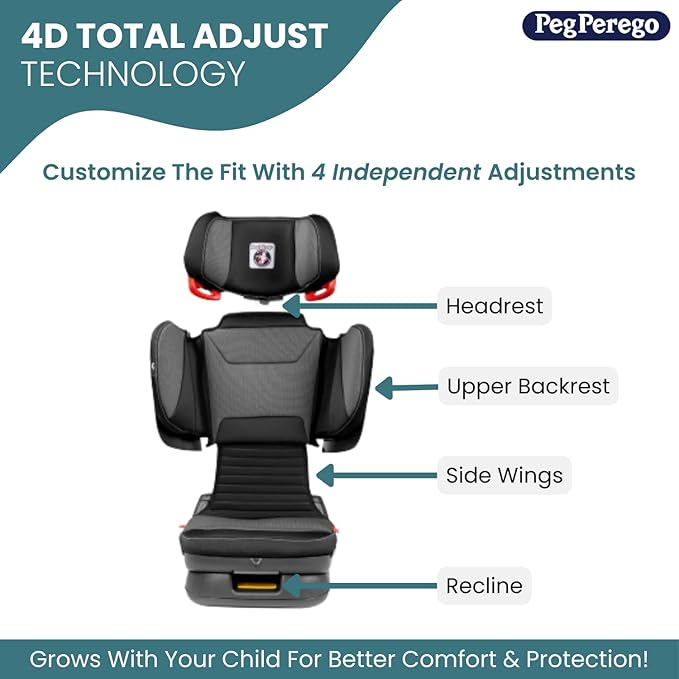 Peg Perego Viaggio Flex 120 Booster, 4D Total Adjust for Safety & Comfort, No Armrests, Compact Fold for Travel, 40-120 lbs, Made in Italy, John Deere (Black/Green)