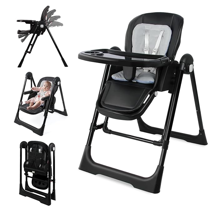 High Chairs for Babies and Toddlers Foldable High Chair Adjustable with Reclining Seat & Leg Rest, 3-in-1 Convertible Baby Swings with Tool-Free Assembly (Black)
