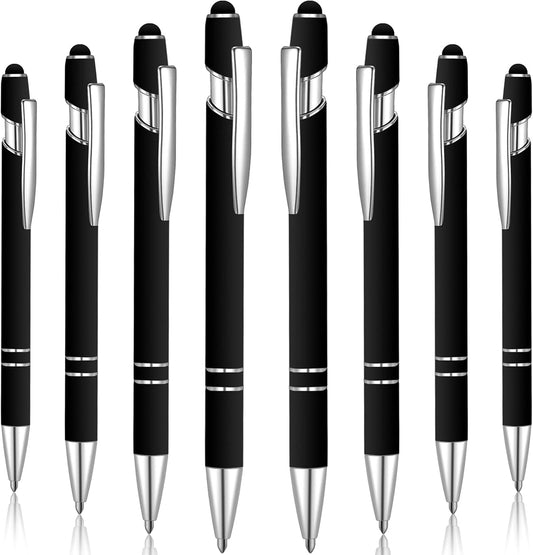 8 Pieces Ballpoint Pen with Stylus Tip Black Ink 2 in 1 Stylus Metal 1.0 mm Medium Point Smooth Pen Rainbow Colorful Rubberized Ballpoint for Touch Screen Tablet(Black)