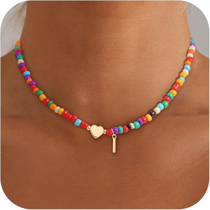 Colorful Initial Necklaces for Girls Women Kids - Teen Girls Gifts Trendy Beaded Initial Necklace Dainty Letter Gifts Choker Necklace for Girl Jewelry