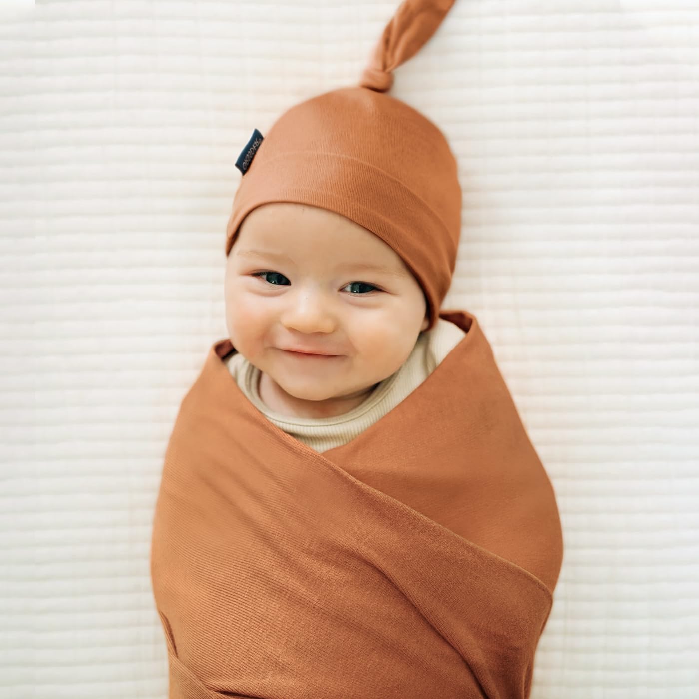 GRSSDER Newborn Swaddle Blanket, Ultra Soft Jersey Receiving Blanket with Matching Headband and Beanie Set 33×44", Stretchy Baby Neutral Swaddle Wrap for Girls and Boys