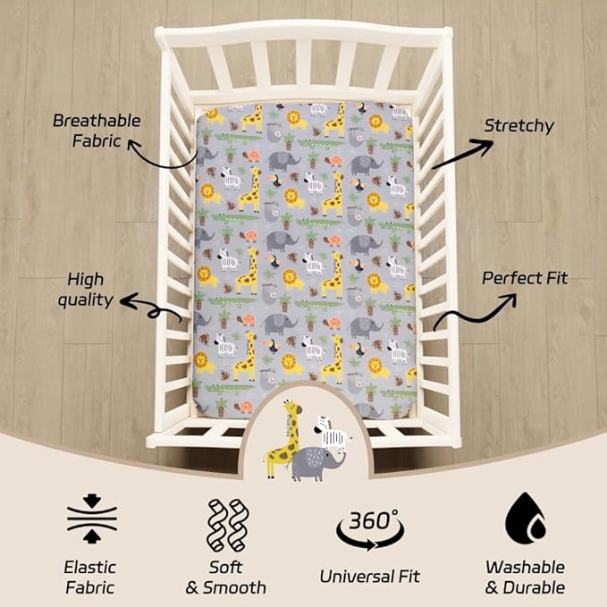 4 Pack Safari Jungle Animals Neutral Unisex Fitted Nursery Baby Sheets Set Toddler Mattress Sheets for Baby Boys or Girls (Pack N Play Sheets)