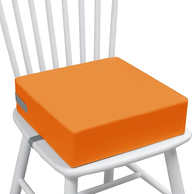 Toddler Booster Seat for Dining Table, 2 Elastic Seat Belts, Anti Scratch PU Skin-Friendly, Waterproof, Anti-Wrinkle, Detachable Non-Slip Bottom - Orange