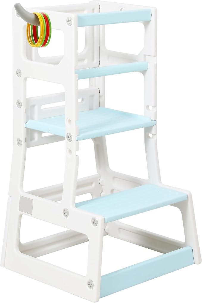SDADI Adjustable Height Kids Kitchen Step Stool with Removable Safety Rails and Anti-Slip Protection- Toddler Standing Tower with with Ring Toss for Learning and Playing (Beige and Blue)
