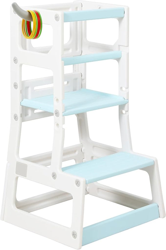 SDADI Adjustable Height Kids Kitchen Step Stool with Removable Safety Rails and Anti-Slip Protection- Toddler Standing Tower with with Ring Toss for Learning and Playing (Beige and Blue)