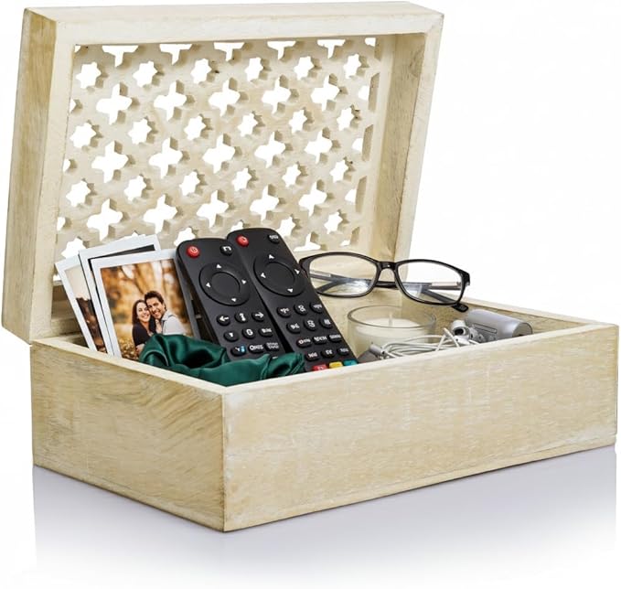 Mela Artisans Wooden Keepsake Box | Whitewash Mango Wood Memory & Photo Storage Box with Hinged Lid | Decorative Storage Box | Large | 9x6x3.5 Inch