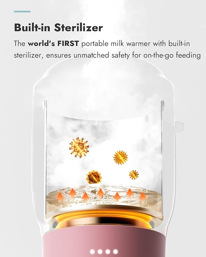 Papablic Pro Portable Bottle Warmer for Travel – Fast Heating, Built-in Sterilizer, 30W Fast Charge, 5-Temp Control, Easy-Clean Wide Mouth, Baby Milk Warmer for Breastmilk & Formula, Sakura Pink