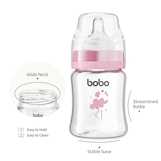 YOHKOH Glass Baby Bottles with Slow Flow Nipple, Newborn Anti-Colic Baby Bottles for 0+ Months, Wide Neck Feeding Bottle, Clear (Red, 5oz (Pack of 4))
