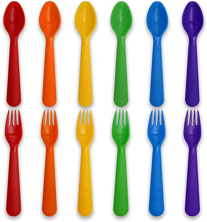 12 Pcs Kids Spoons and Forks Toddler Utensils Plastics Reusable Silverware Baby Cutlery Set Feeding Dinnerware Utensils BPA Free Microwave Dishwasher and Freezer Safe- Rainbow